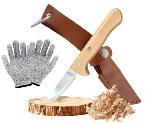Yoaeyok Cuchillo de Tallado para Niños, Cuchillo de Trinchar de Acero Inoxidable Herramientas de Tallado en Madera con Funda y Guantes Anti-Corte, para Manualidades y Actividades al Aire Libre
