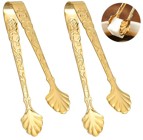 Classicseali 2Pcs Sugar Tongs for Sugar Cubes, Gold Figure Stainless Steel Sugars Cube Tongs, 3.74 Inch Ice Tong for Large Ice Cubes, for Bar, Desserts, Tea, Coffee Party and Appetizers