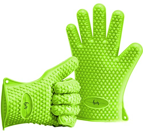 Belmalia 2 Silicone Oven Mitts for Kitchen, BBQ Gloves, Set, Pair, Pot Holders, Oven Gloves Heat Resistant Green