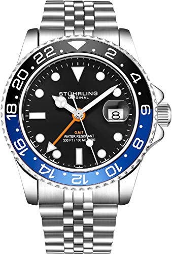 Stuhrling Reloj de pulsera original para hombre, con correa de acero inoxidable Jubilee y función GMT, 42 mm, cuarzo, analógico, reloj de cuarzo para hombre, caja de acero inoxidable, reloj informal e