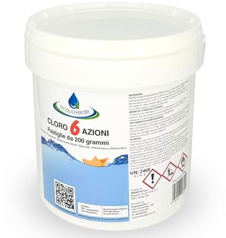 acquaverde | Cloro 6 AZIONI in Pastiglie da 200 grammi, NUOVO Multiazione per Trattamento Acqua di Piscina: Clorazione, Alghicida, Flocculante, Stabilizzante del Ph, Antischiuma e Antimicotico – 5 kg