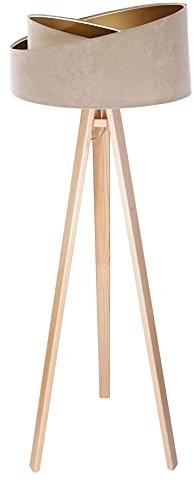 Licht-Erlebnisse Stehleuchte Holz Stoff Beige Gold rund 145cm Wohnzimmer Modern wohnlich MANDAN Dreibein Stehlampe