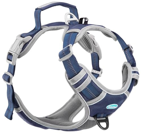 ThinkPet Hundsele utan drag, ventilerande sportsele med handtag, reflekterande, justerbar, för medelstora hundar, bakre/främre klämma för enkel kontroll, S, mörkblå