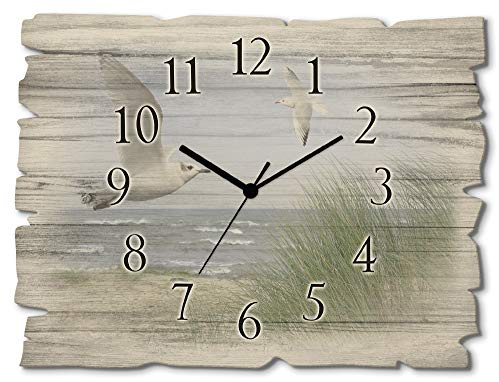 ARTLAND Wanddeko Wanduhr ohne Tickgeräusche aus Holz Quarzuhr 40x30 cm Rechteckig Lautlos Strand Meer Nordseestrand Möwe Nordsee Maritim J5QH