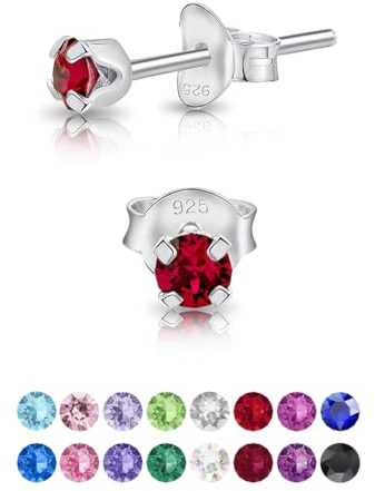 Pendientes de Botón Plata Ley 925 on Cristales Brillantes Rojo Rubí - Pendientes Pequeños Plata 925 para Mujer - Punto de Luz Hipoalergénicos sin Niquel - Diámetro 3 mm