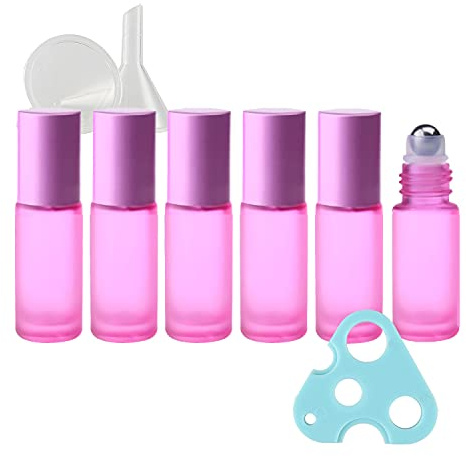 TIANZD 6 Pcs, 5ml Empty Frosted Pink Glass Essential Oil Roller Bottles with Alu Screw Cap Roll on Bottles Rollerball Bottle for Essential Oil Perfume, 1x Funnel 1x Opener
