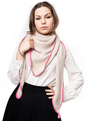 Dreieckstuch Damen Mit Merinowolle - Leichter Cashmere Dreieckschal, Ideal Als Schal Damen, Musselin Tuch Damen Oder Halstuch Damen Für Jede Jahreszeit - Einfarbig Strickmuster & Farbakzent (Beige)