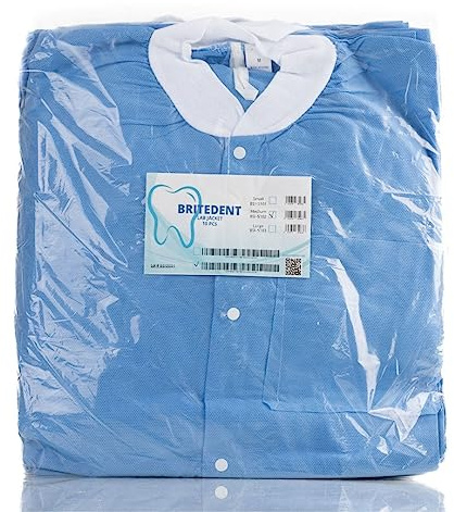 BRITEDENT Disposable Gowns Medium. Pack of 10 Blue Surgical Gowns. 45 GSM SMS Unisex Medical Gowns with Long Sleeves, Knit Collar, Cuffs, 3 Pockets. Disposable Lab Jacket for Men and Women. (Medium)