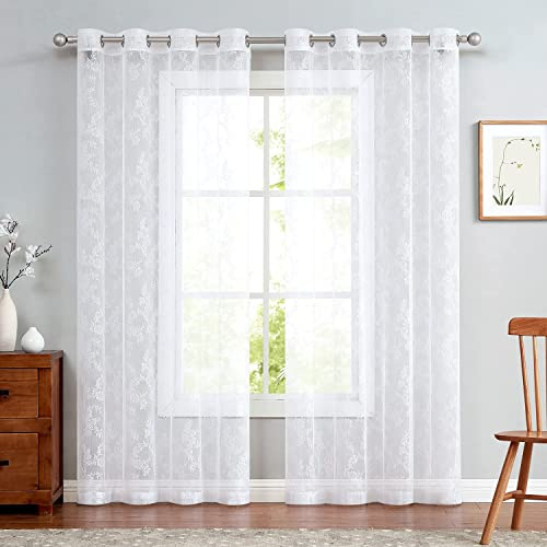 TOPICK Lace Gardinen lichtdurchlässig Vorhänge H 245 x B 150 (cm) 2er Set Schal Rose Gardine mit Ösen Durchsichtig Vorhang für Wohnzimmer Esszimmer Schlafzimmer Weiß