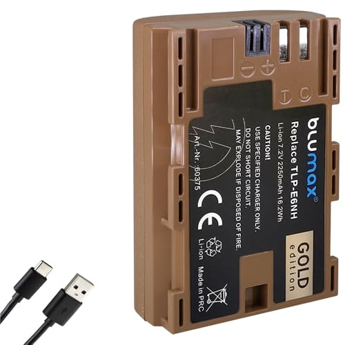 Blumax Akku kompatibel mit Canon LP-E6NH |- 2250mAh -| LP-E6P LP-E6N LP-E6 |- mit USB Typ-C Ladebuchse -| Canon EOS R R5 II R6 II R7-6D 7D 80D 90D
