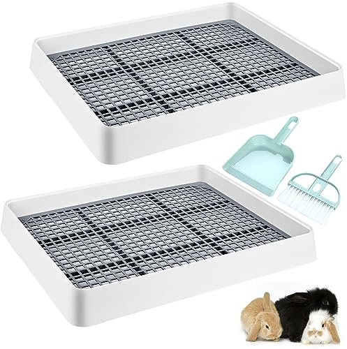 VAIPI 2 Pack Large Rabbit Litter Box with Small Broom and Dustpan Litter Pan for Cage Grate Restroom Bunny Toilet Tray for Rabbit Rats- 15 x 12.2 x 2.6 Inches