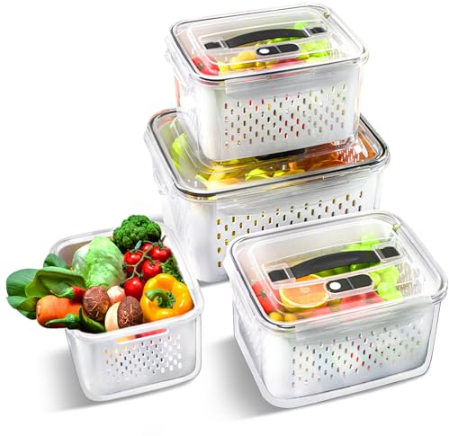 Ribech Fresh Food Storage Containers with Lids Airtight, 4 Pack Fridge Containers Organizers with Removable Colander For Fruit Salad Vegetables, Leakproof Kitchen Organisers White