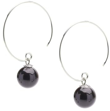 Boho Silber Creolen mit Perlen | Handgefertigte Ohrringe mit 10 Natürlichen Edelstein-Kugeln | Hängende Tropfen-Perlenohrringe für Frauen und Mädchen (Schwarzer Achat)