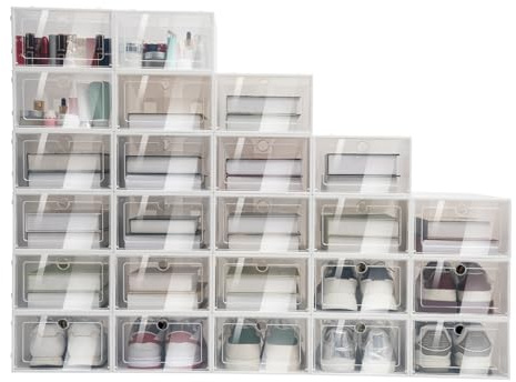 TESUGN Schuhboxen, 24er Set Schuhkartons durchsichtig, Plastik Stapelbar Platzsparend Faltbar Schuhregal Sneaker Container Bin Holder für Männer/Frauen, 33 x 23 x 14 cm