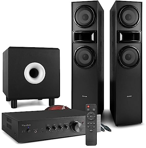 Fenton Audizio 2.1 Tower Speaker TV System with SHF700B Floor Standing Speakers, 8 Black Active Subwoofer & AD220B Bluetooth Amplifier - Home Cinema Surround Sound Kit