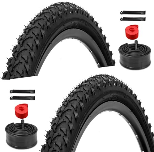 2 Pack 26 inch Bike Tires - 26 × 1.95 inch Folding Replacement Bicycle Tires for MTB Mountain Bike with 26 inch Schrader Valve Bike Tubes, 4 Tire Levers and 2 Rim Strips