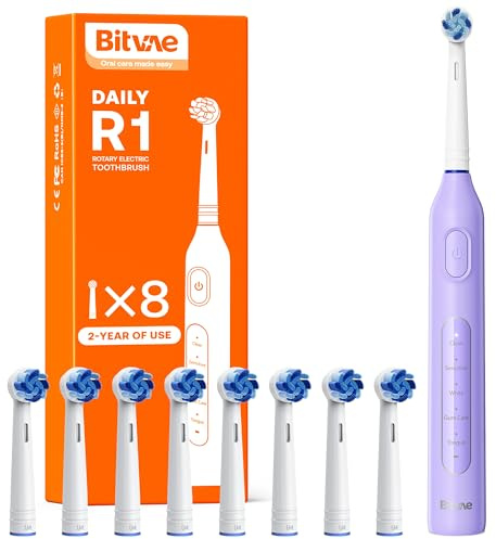 Bitvae R1 - Spazzolino elettrico rotante con 8 testine per adulti e bambini, durata della batteria di 60 giorni, 5 modalità, ricaricabile, con timer intelligente da 2 minuti, colore: viola