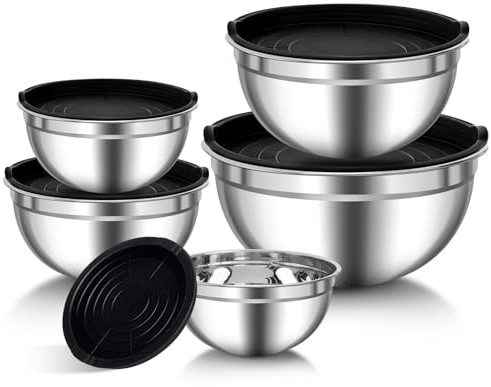 Zanfqvo Ciotole Miscelatori in Acciaio Inox, Set di 5 Insalatiera con Coperchio Ermetico, 0.7L/ 1.1L/ 1.5L/ 2.7L/ 4.5L, Ciotola Impilabili in Metallo, Lavabili in Lavastoviglie, insalatiere mescolare