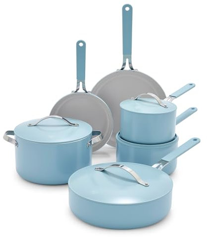 GreenLife Dream 10-Piece Ceramic Nonstick Cookware Set, Pots Frying & Sauce Pans, PFAS-Free & PFOA-Free, Dishwasher & Oven Safe, Stay-Cool Handles, Durable Aluminum Body, Versatile Cooking, Blue Haze
