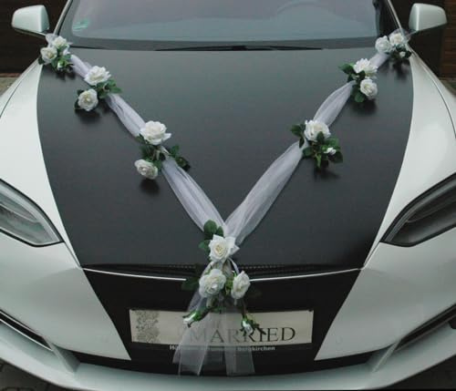 TOPDEKO Autoshmuck perfekte Samtrosen, wie natür Rosenblätter, höchste Qualität Braut Paar Rose Deko Dekoration Hochzeit Car Auto Wedding (M weiß)