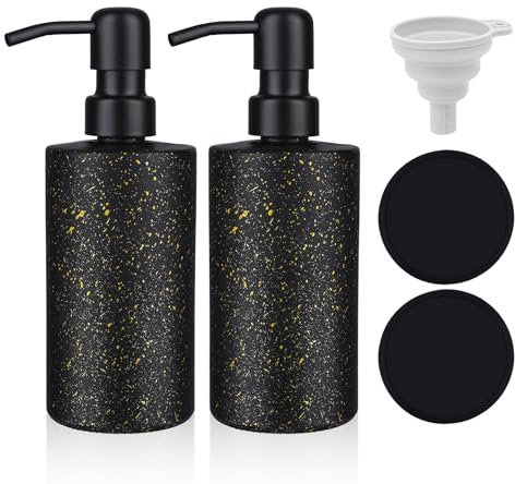 MOQAE Moderner Seifenspender Glas, 350ml Duschgel Spender Mit Pumpe Aus Edelstahl, Shampoo Flaschen Zum Befüllen, Soap Dispenser Mit Untersetzer Und Trichter,Handseifenspender Mit Matt Schwarzem Pumpe