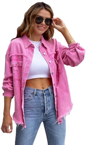 amropi Chaqueta Vaquera para Mujer Blusa Ligero Chaqueta con Bolsillos y Botones Jean Jacket Rosa, XL