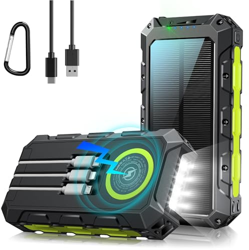 VOGHERB Batterie Externe Solaire 46800mAh - 22.5W Power Bank USB-C Charge Rapide, Chargeur Solaire Wireless Powerbank avec Câble Intégré, Compatible avec iPhone