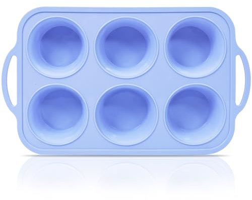 SUPER KITCHEN Grande Stampo Muffin Silicone con Struttura Metallica, Teglia per Muffin da 6 Tazze con Maniglie, Antiaderente Stampo Cupcake Silicone, Profonda Stampi per Muffins da Forno, Blu