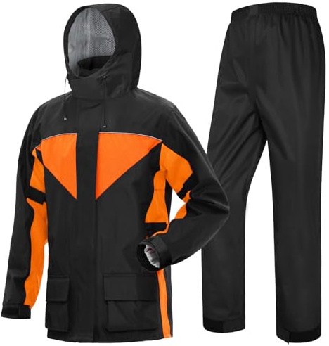 iCreek Motorcycle Rain Suit for Men and Women Waterproof Anti-storm Raincoat High Visibility Rain Gear (Black with Orange, S)