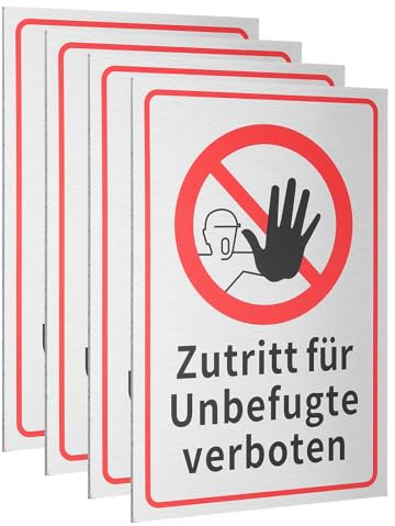 QUARKZMAN 4 Stück Zutritt Verboten Schild 30 x 20 cm Rostfrei Warnschilder | Zutritt für Unbefugte Verboten Hinweisschild, Aluminium PVC Verbundplatte, 3 mm Stärke, ohne Bohrlöcher