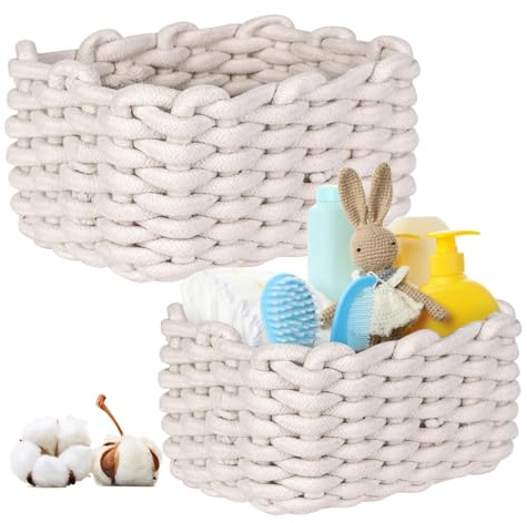 2 Pcs Aufbewahrungskorb en coton, tressé en corde de coton, paniers de rangement organisateurs pour chambre d'enfant, salon, salle de bain D27xH17 cm + D33xH22 cm (Blanc non éclaté)