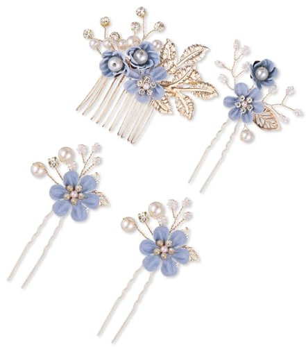 4 Stück Hochzeit Haarschmuck, Blau Mit Perlen Und Blumen für Braut, Brautjungfern, Kommunion, Prom Und Partei