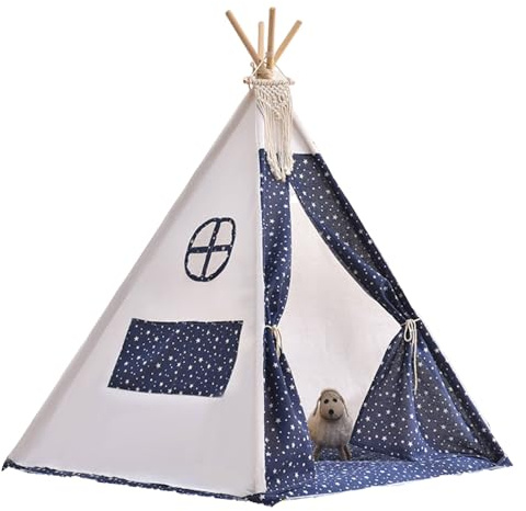 Tipi Zelt 120x120x160cm Spielzelt mit Filzkugel Indoor Spielhaus Mehrere Farben Segeltuch Tipizelt Lesezelt&Spielzimmer Kinderzelt (Stern)
