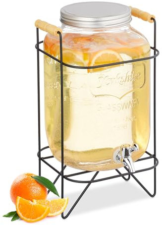 Relaxdays Dispensador Bebidas con Soporte, Recipiente Limonada 8 L, Grifo de Hierro y Tapa, Cristal, Transparente/Negro
