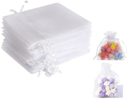 Weiße Organza-Geschenkbeutel – 7 x 9 cm Gaze-Beutel mit Kordelzug, 100 Stück Hochzeitsschmuckbeutel – transparente Netzbeutel für Hochzeit, Weihnachten, Geburtstag, Jahrestag