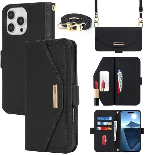 CAVOR Handykette Handyhülle kompatibel mit iPhone 16 Pro Max Hülle Mit Band,Flip Leder Geldbörse Hülle,[Spiegel][5 Kartenfach],Klapphülle Handytasche mit Umhängeband - Schwarz