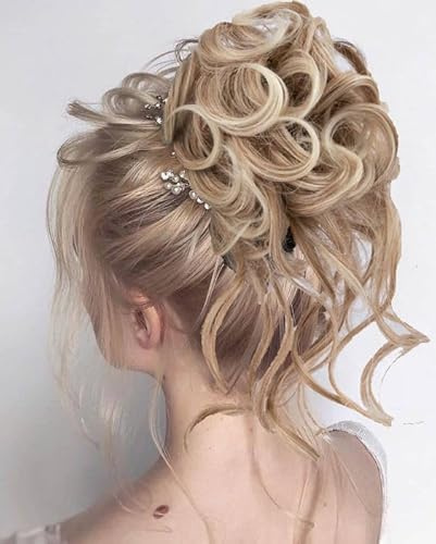 Messy Hair Bun Hair pieces for Women Clip in Claw HairPieces Synthetic Chignon Super Long Tousled Updo Bun Extensions Wave Curly Hairpieces for Daily Wear(27/613-)