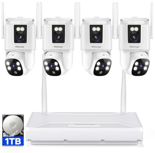 Wkkengd Wireless Security Camera System Outdoor: 4pcs 6MP Dual Lens Dual Screen PTZ Outdoor Cameras with Auto Tracking, 4K 10CH 1TB HDD NVR for Home Security, Color Night Vision, 24/7 Record