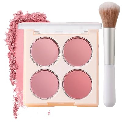 Blushers for Cheeks Make Up,4-In-1 Matte Face Blush, Natural Peach Highly Pigmented Long-Lasting Blendable Blusher Palette, Pink Powder Blusher for All Skin Tones, with Brush