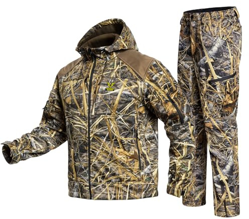 Quiet Hunting Suit Camouflage Clothes Clothing Gear Hoodie Jacket Pants For Men (Camo Reed, Large)