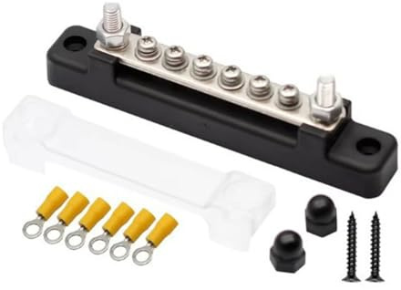 Bus Bar,Terminal Block,12-48V Single-Row Covered Common Busbar | 150a Power Power Ground Distribution Block with 2 M6 Studs 6 M4 Screws Terminals for Car Boat Marine Caravan Rv (Black)