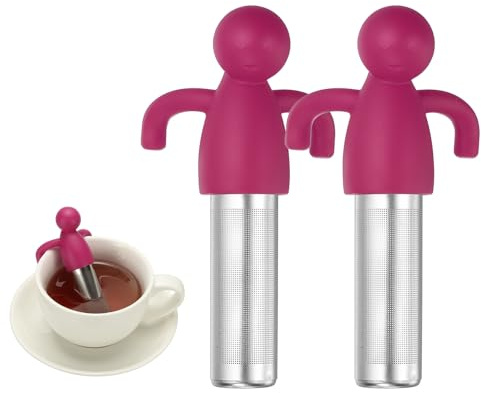 sourcing map 2 Pcs Cute Tea Infuser, Stainless Steel Loose Leaf Tea Steeper Filter with Silicone Handle Reusable Thin Pores Mesh Strainer Diffuser for Teacups Teapots Mugs, Rose Red