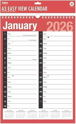 2026 Calendar A3 Large 2 Column Month To View Spiral Bound Wall Planner for Home Business Office School 1 January 2026 to 31 December 2026