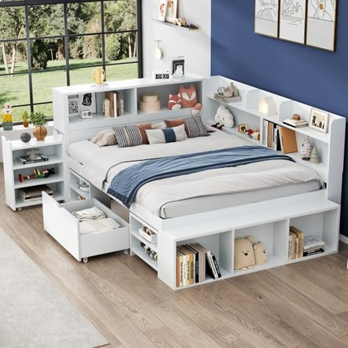 Mrwoo Sofá Cama Matrimonio 135 x 190 cm, Cama Juvenil Multifuncional con Cajones, Estantería y Armario, Gran Espacio de Almacenamiento, Somier de Láminas, Blanco (sin Colchón)