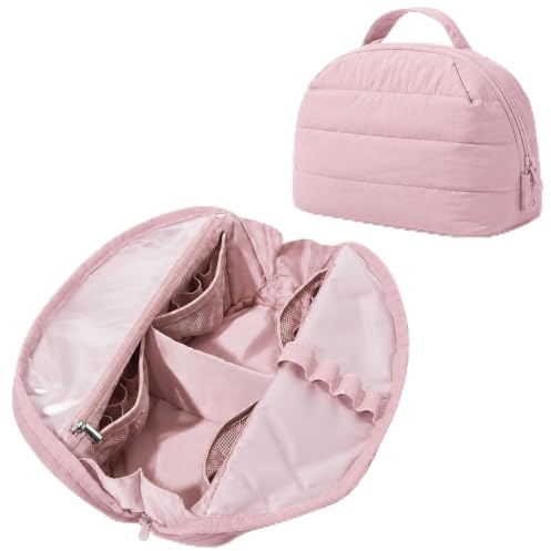 Puffer sminkväska dam, bärbar vikbar sminkväska, vadderad vattentät sminkväska med handtag, lyxig necessär för resor, bad, toalettartiklar och borstar, ROSA, Lyx