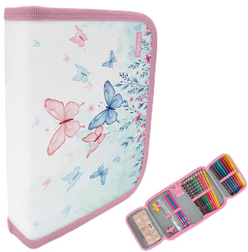 itenga Schüler-Etui 28 teilig gefüllt 1-Zipper Federmäppchen für Jungen und Mädchen (Schmetterling Elara)