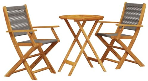 Foknhdi 3-TLG. Bistroset Grau Akazienholz+Polypropylen 60 x 75 cm Klappkonstruktion Robust und Langlebig für Balkon Garten Terrasse