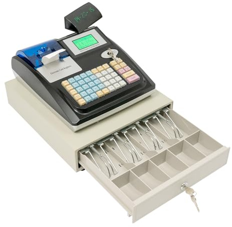 Elektronische Registrierkasse mit 2 Displays und Kassenschublade (Englisches System),48 Tasten & 4 Münz- und 5 Scheinfächern, POS Kassensystem, geeignet für Gastronomie Laden Bäckerei Kiosk