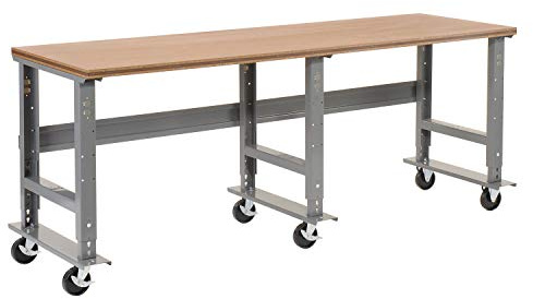 Global Industrial Extra Long Mobile Workbench, Adjustable Height, 1-1/2Thick Shop Top with Square Edge, 96 W x 36 D x 29-3/8 to 37-1/4H, Gray, Industrial Workbench