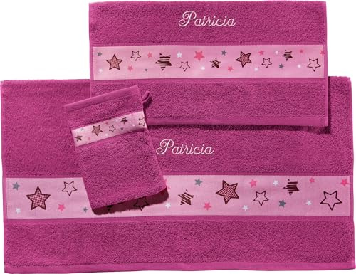 Erwin Müller Kinder-Handtuchset, Frottier-Set 3-TLG. mit Namen personalisiert, Sterne saugstark, 1 Handtuch, 1 Badetuch, 1 Waschhandschuh Beere, 70x110 cm + 50x70 cm + 15x21 cm - 100% Baumwolle